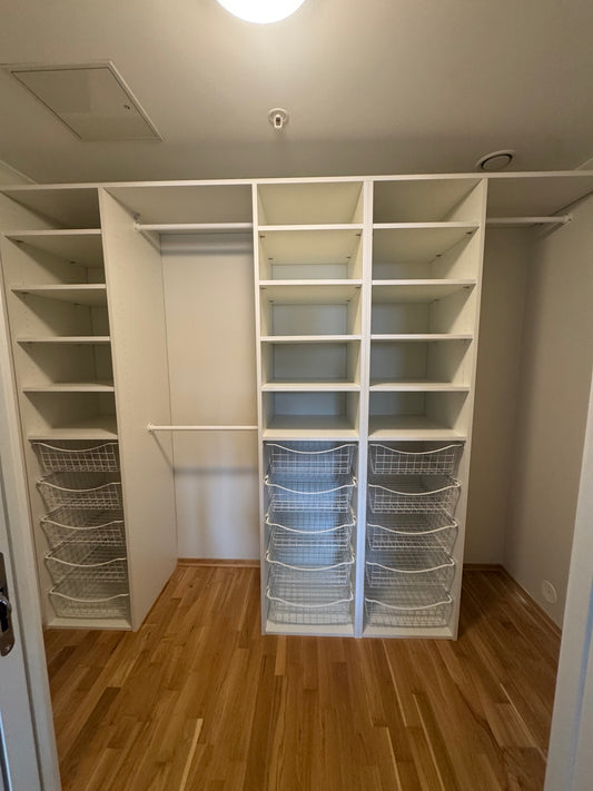 Kabinett Mann walk-in garderobe uten dører med hvit innredning